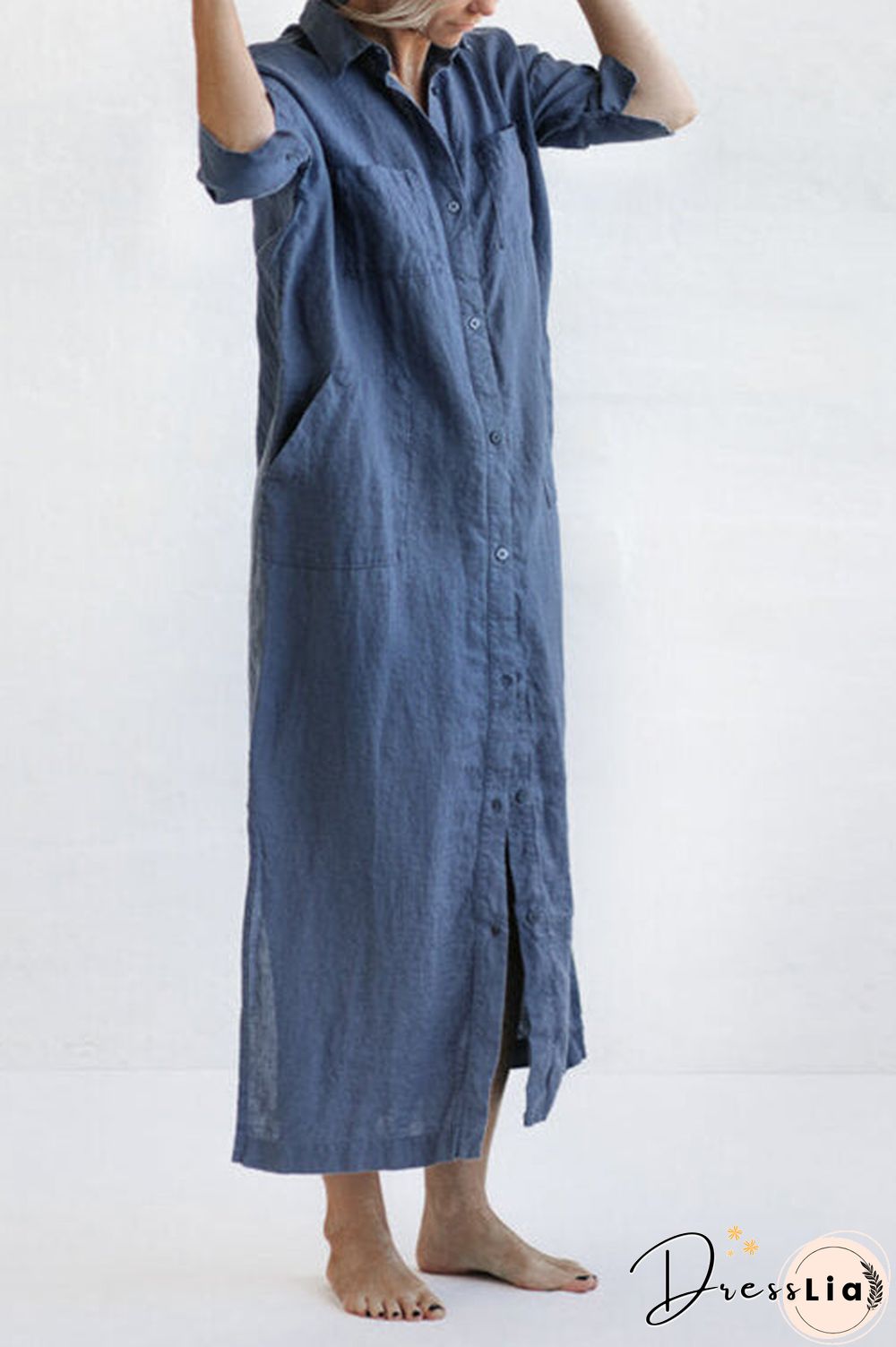 Linen Button Pockets Shirt Maxi Dress