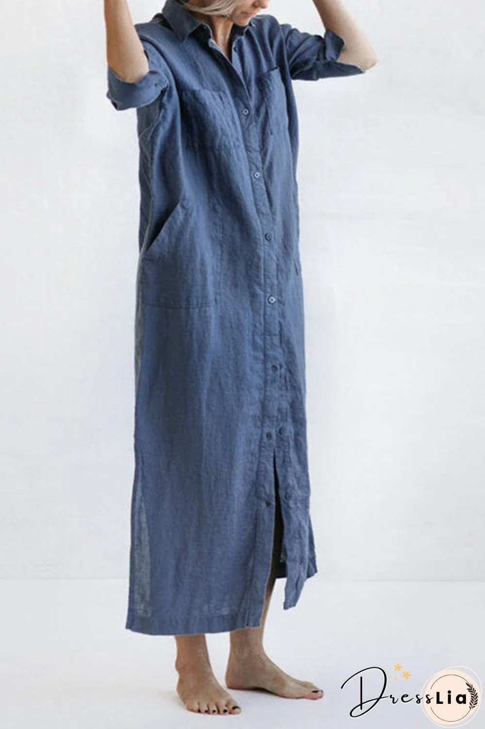 Linen Button Pockets Shirt Maxi Dress