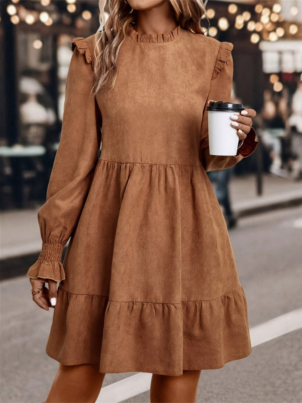 Women's Long Sleeve Scoop Neck Solid Color Temperament Midi Dress