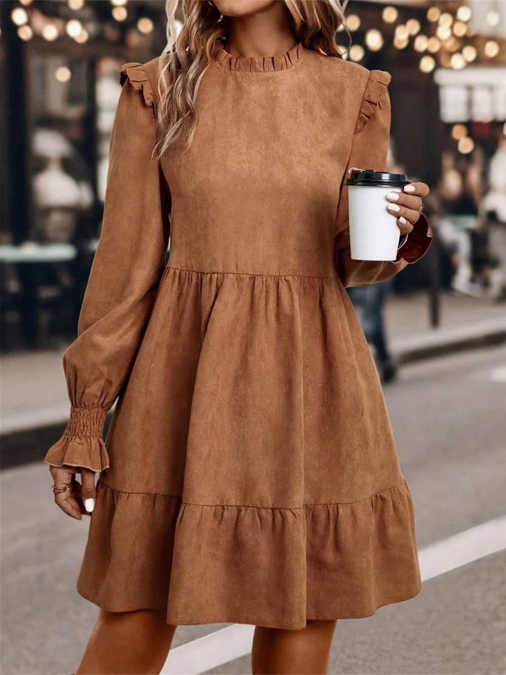 Women's Long Sleeve Scoop Neck Solid Color Temperament Midi Dress