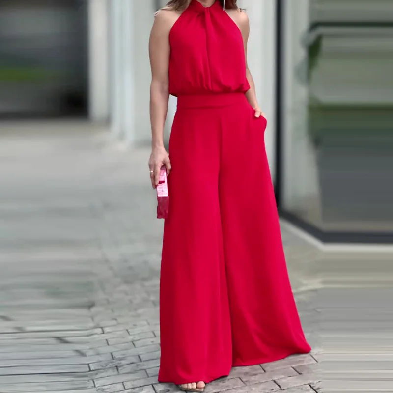 Toloer Toloer New Summer 2024 Solid Color Round Collar, Sleeveless Top, High Waist, Wide Leg And Two-Piece Trousers-Outfit Ideas