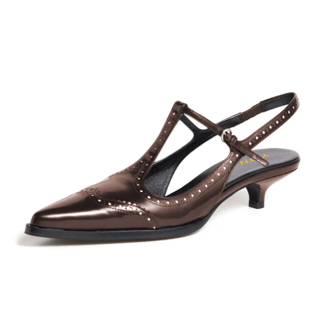 Brown Vegan Leather Pointed Toe Kitten Heel Slingback Pumps