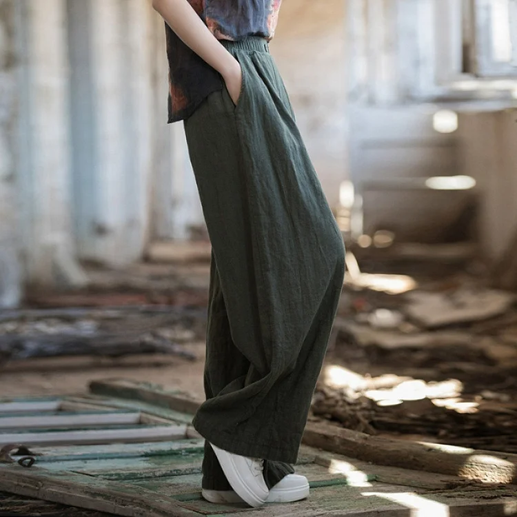 Utbros Casual Solid Linen Blend Straight Leg Trousers
