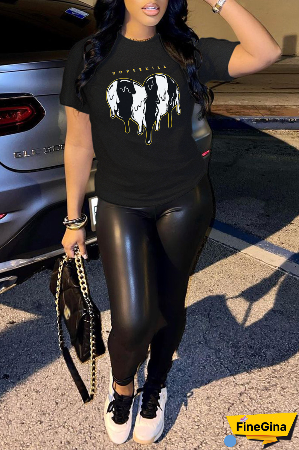 Black Casual Street Print Patchwork Letter O Neck T-Shirts