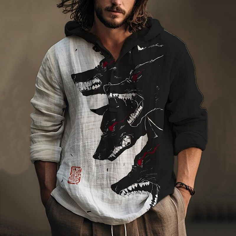 Comstylish Men's Japanese Art Fierce Wolf Print Hoodie