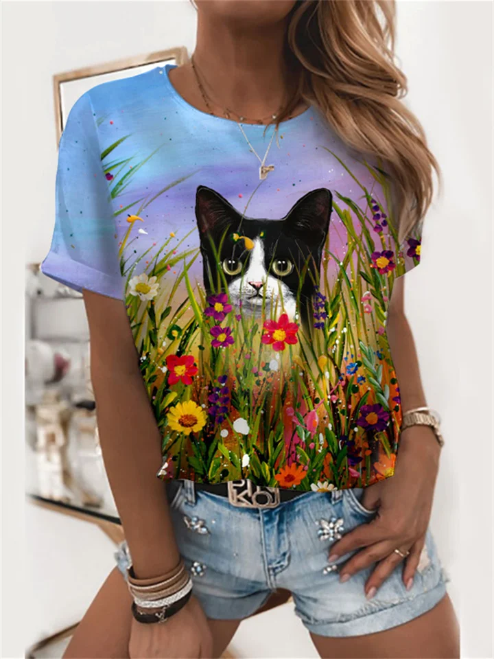 Animal Series 3D Digital Printing Female Short-sleeved T-shirt Round Neck Top