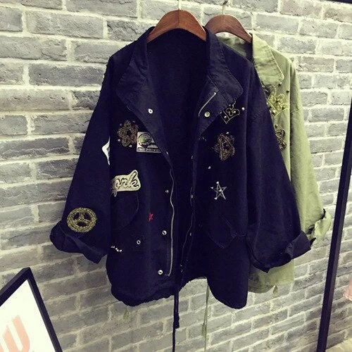 2021 Women Cotton Jacket Coat Casual Women Bomber jacket Embroidery Applique Rivets Oversize Women Coat Army Green Cotton Coat