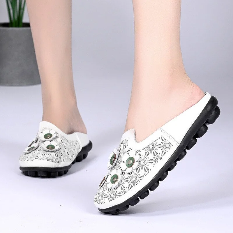 Women Flats Hollow Shoes Slip On Leather Loafers Ladies Shoes Genuine Leather Shoes Korean Style Soft Moccasins Half Slippers