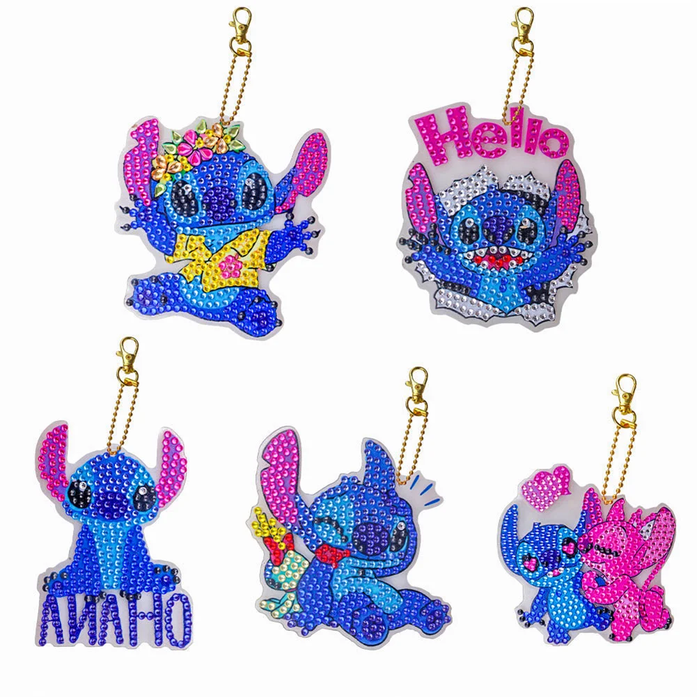 5Pcs Stitch Diamond Painting Keychain, Special Shaped Diamond Art Keychains, DIY Keychain Decoration Pendant Gift for Kids Adults(Double Sided)