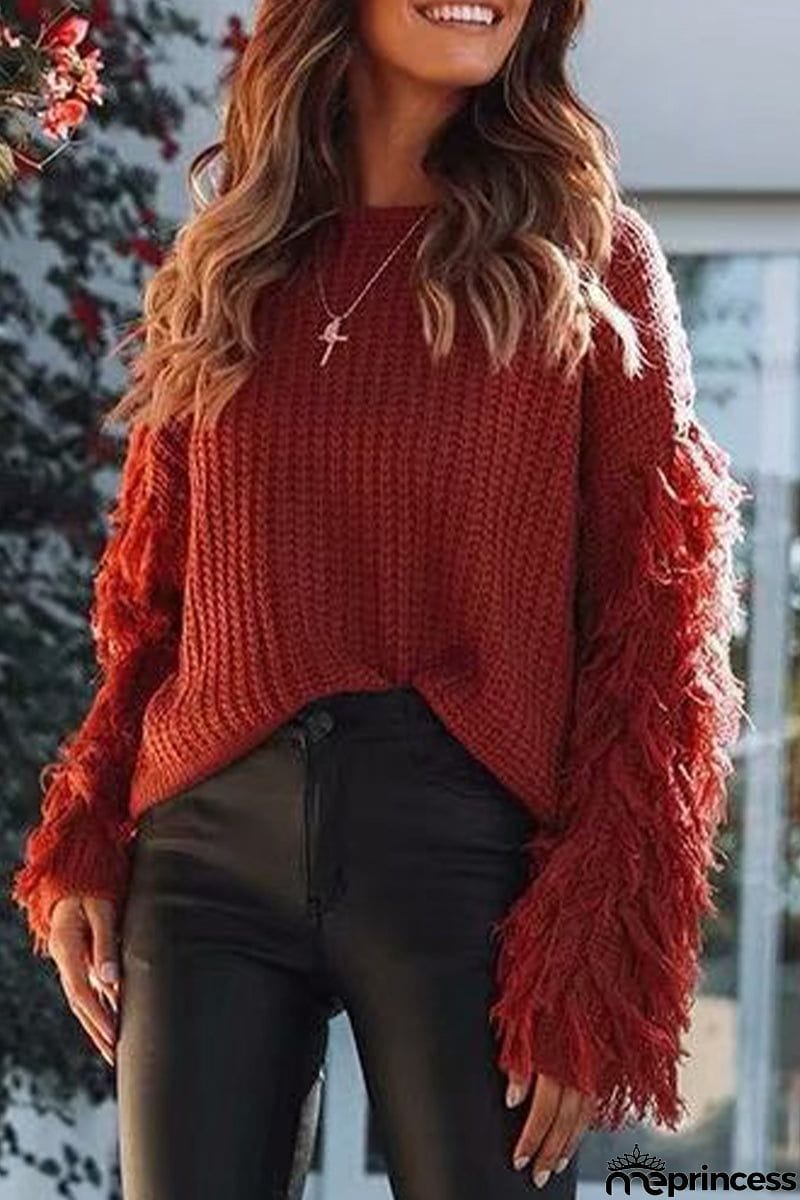Casual Solid Tassel O Neck Sweaters(4 Colors)