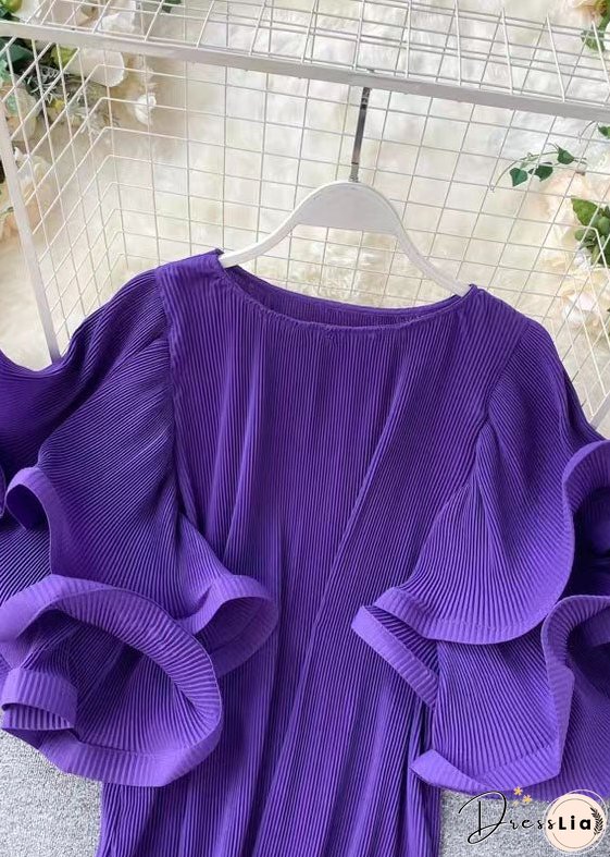 Loose Purple O-Neck Patchwork Chiffon Mini Dresses Butterfly Sleeve
