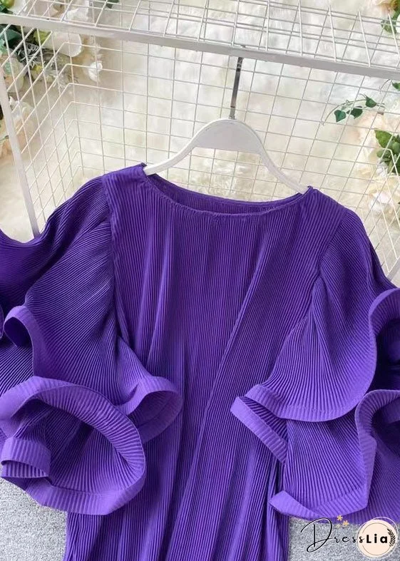 Loose Purple O-Neck Patchwork Chiffon Mini Dresses Butterfly Sleeve