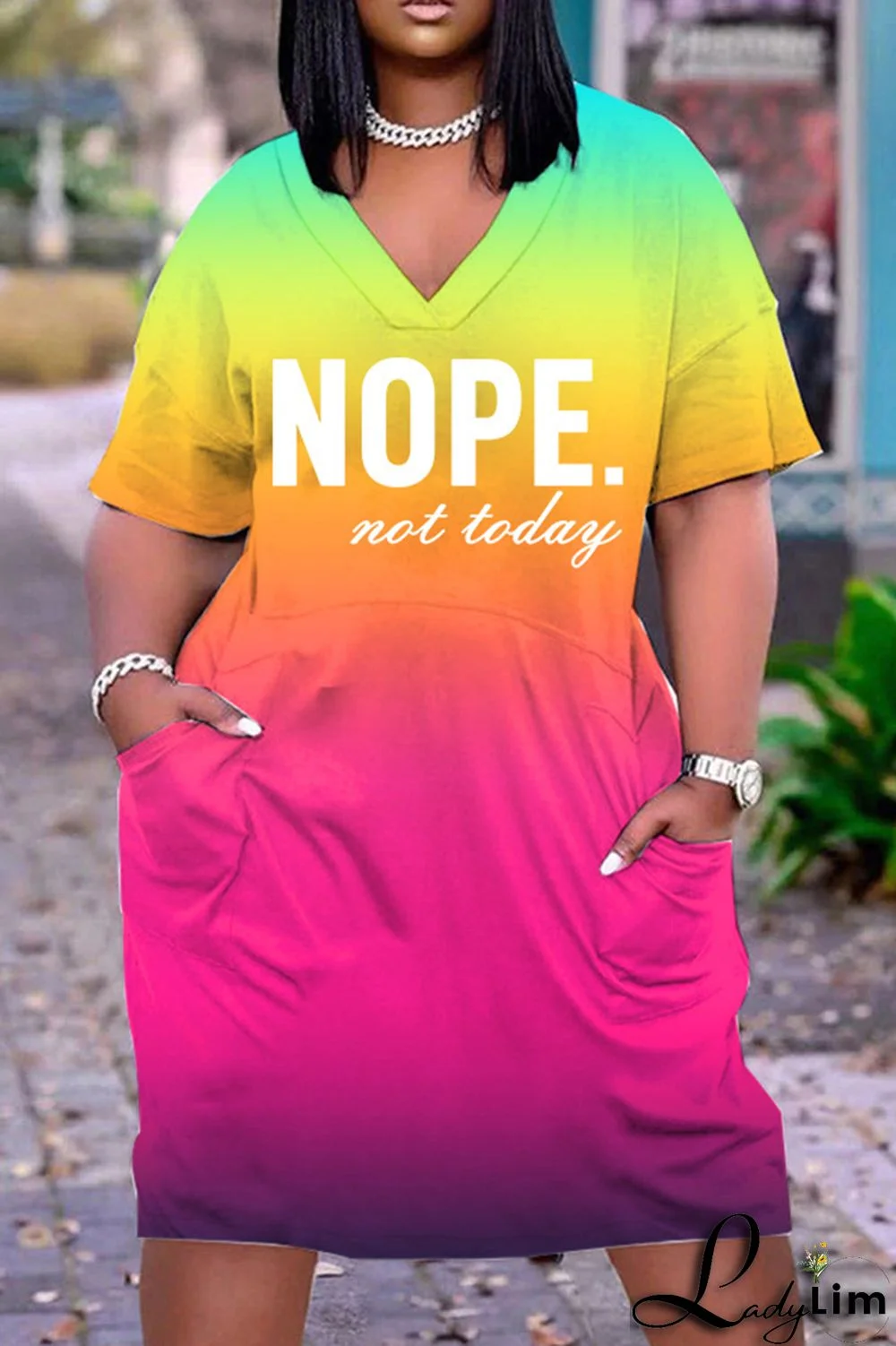 Sky Blue Casual Print Basic V Neck Short Sleeve Dress