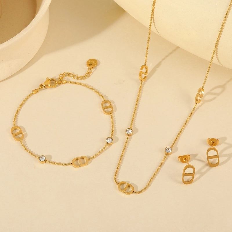 Basic Minimalist Geometric 304 Stainless Steel Zircon 18K Gold Plated Inlay Jewelry Set Ball Chain