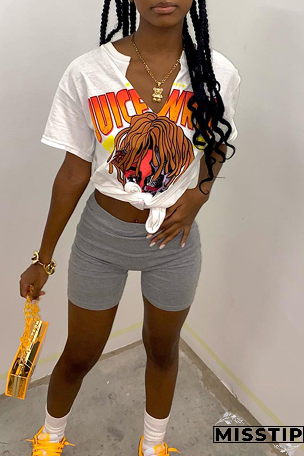 White Fashion Print Patchwork V Neck T-Shirts