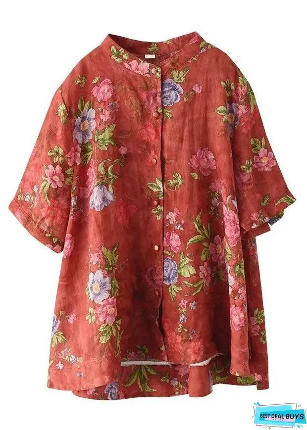 Vintage Red Stand Collar Print Cotton Shirt Tops Short Sleeve