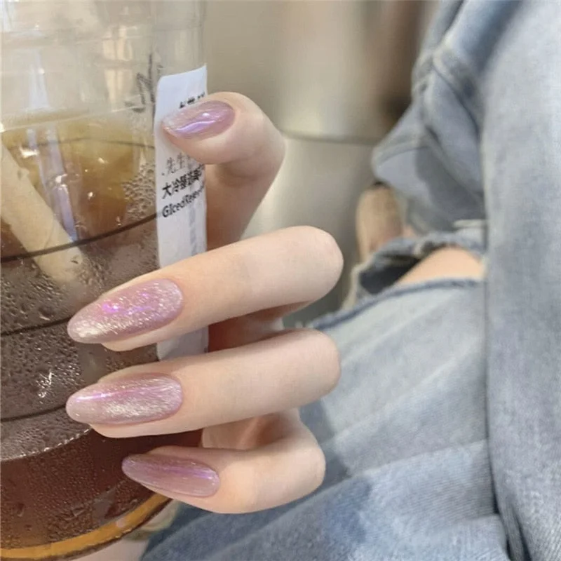 24pcs Purple Gray Fake Nail Patch Cat Eye False Nail Patch Press On Finger Nail Tips Detachable Full Cover Acrylic Nails-Nail Inspo