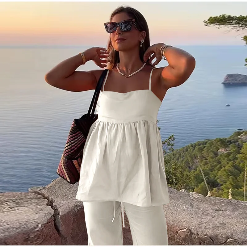 Women Elegant Sleeveless Backless Loose Strap Vest Wide Leg Trousers  Ruffled Hem Tank Top Pants Two Piece Sets Suits