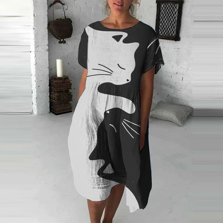 Casual Contrast Cat Print Midi Dress