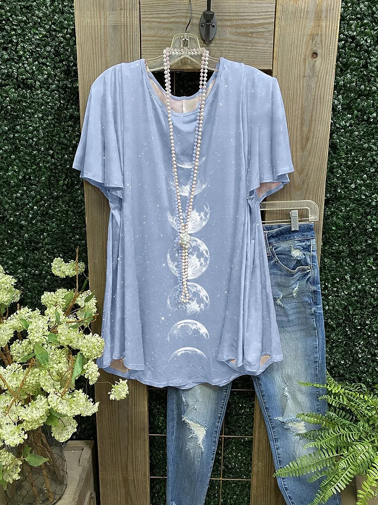 Light Blue Print Short Sleeve Cotton-Blend Shirts & Tops-Mayoulove