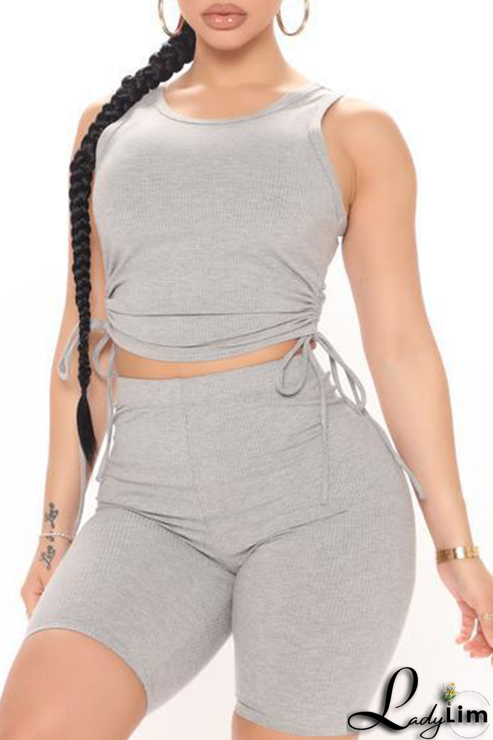 Grey Sportswear Solid Draw String O Neck Sleeveless Two Pieces