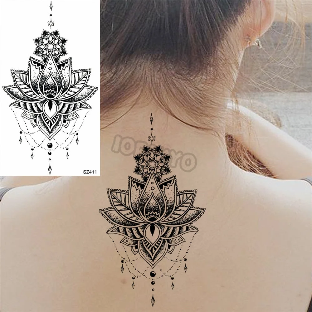 Black Pencil Sketch Henna Lotus Temporary Tattoos For Women Girls Realistic Planet Dandelion Fake Tattoo Sticker Back Arm Tatoos