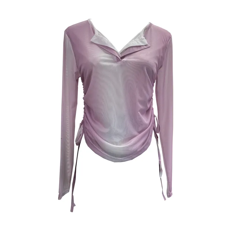 Churchf Fake Two Sunscreen Long-Sleeved T-Shirt Women Autumn Design Dizzling Drawstring Folding Short Top 9938