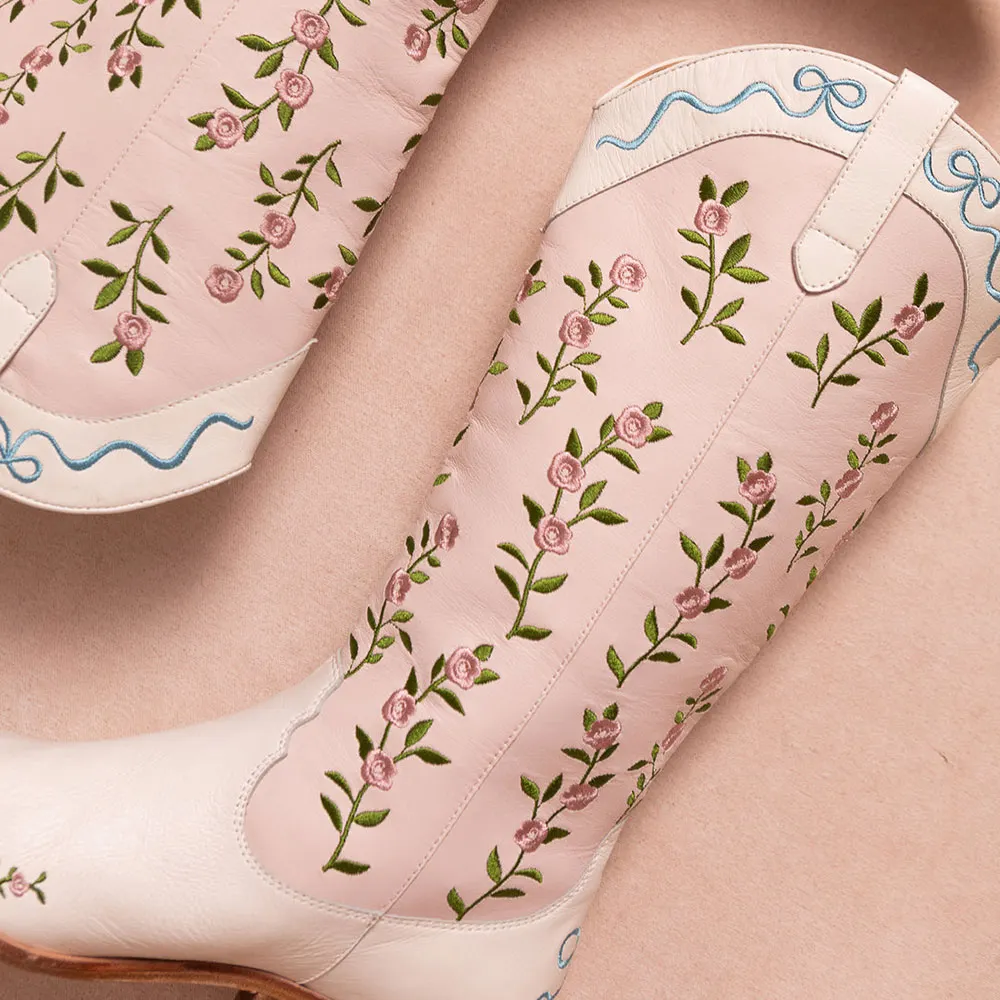 Light Pink & Ivory Flower Embroidered Stacked Heel Cowgirl Boots
