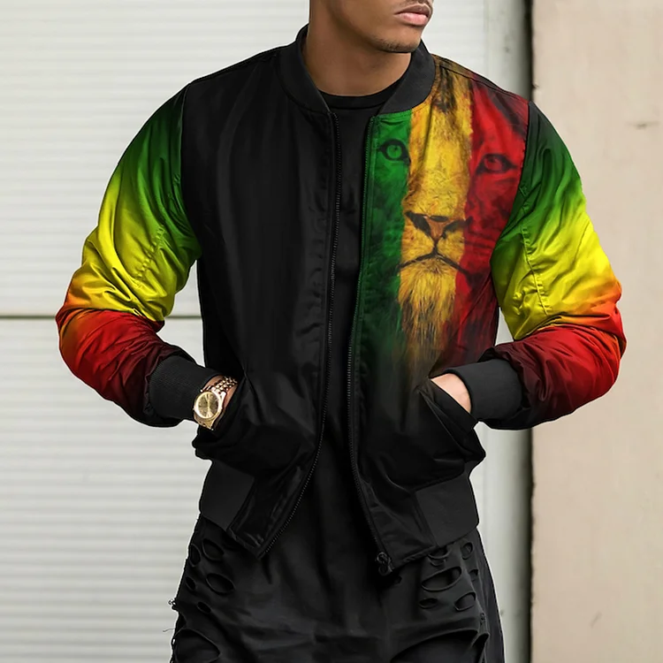 Wearshes Men's Reggae Music Lion Pattern Stand-Up Collar Casual Jacket