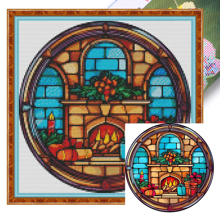 Glass Painted Christmas Fireplace 18CT (25*25CM) Stamped Cross Stitch gbfke