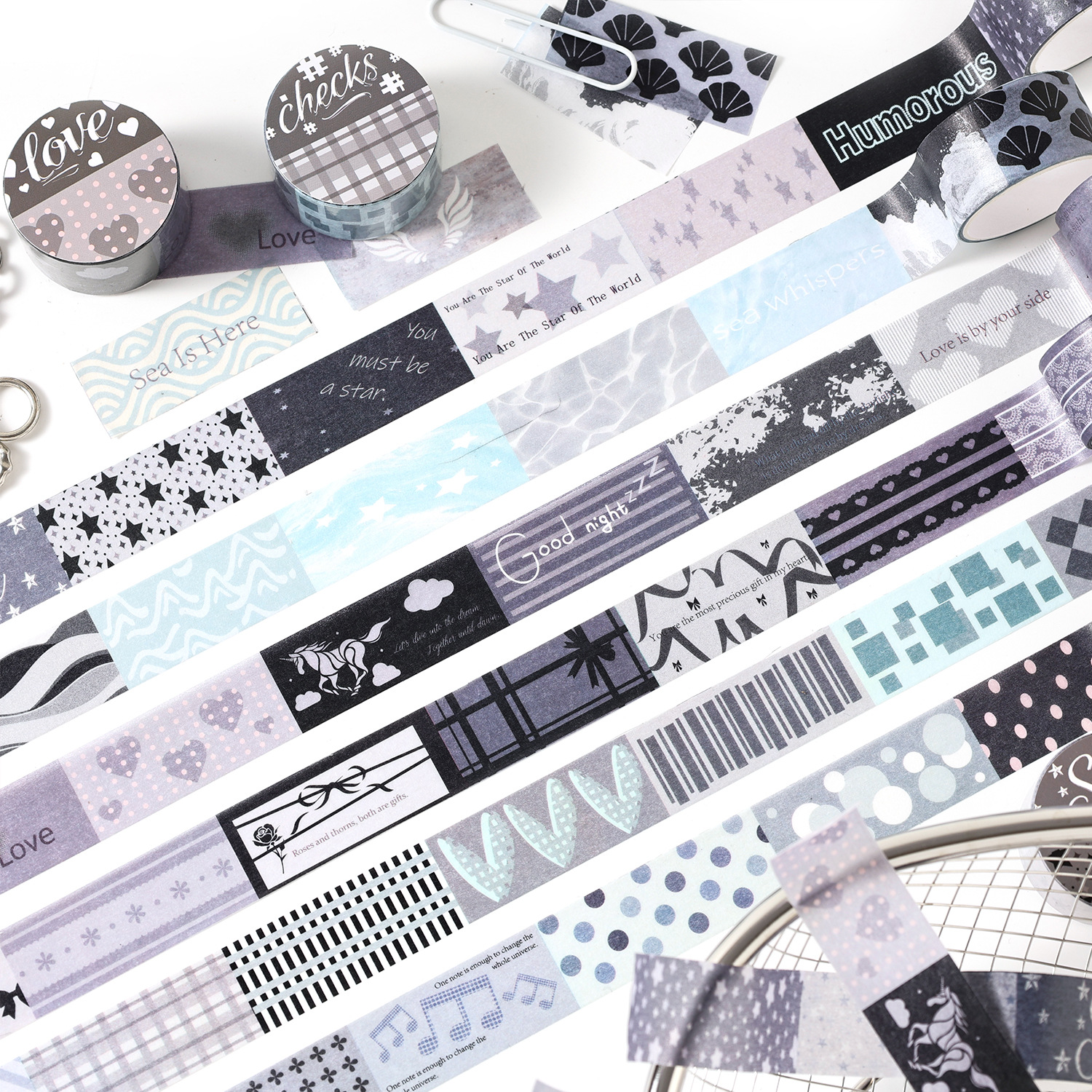 와시 테이프 - 그레이 텍스처 시리즈 빈티지 스타 러브 보타이