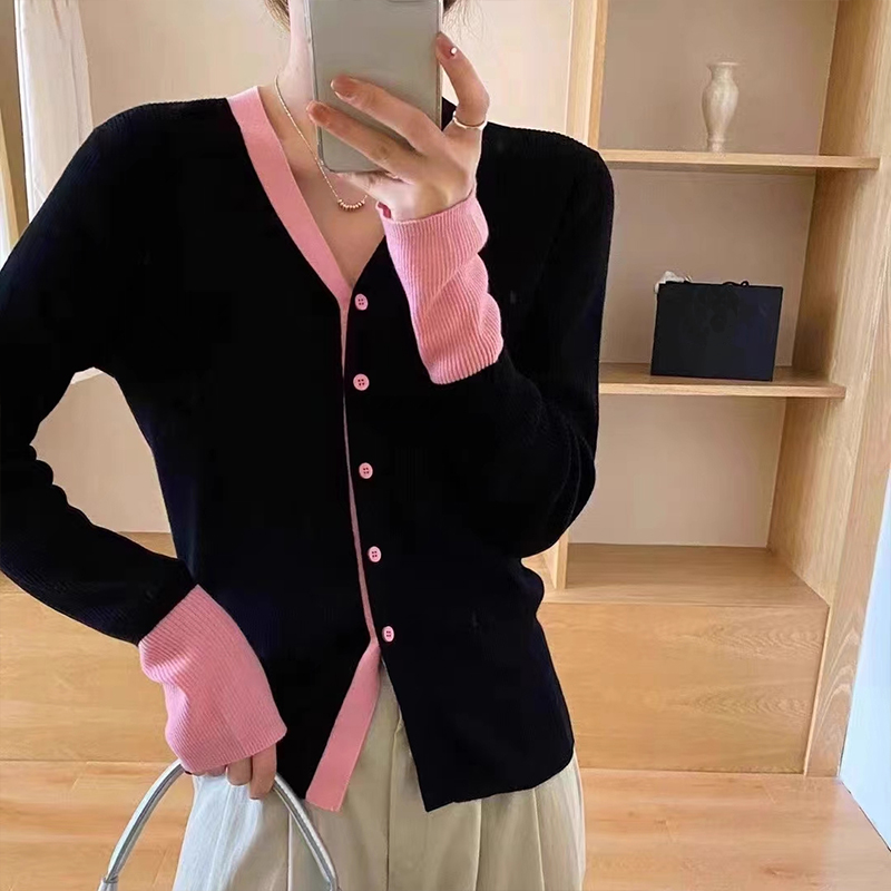 Luckwaveonline stylish dresses women Spliced Color Fake Two-piece Knit Cardigan Women V-Neck Long Sleeve Loose Sweater Korean Simple Knitwear Top
