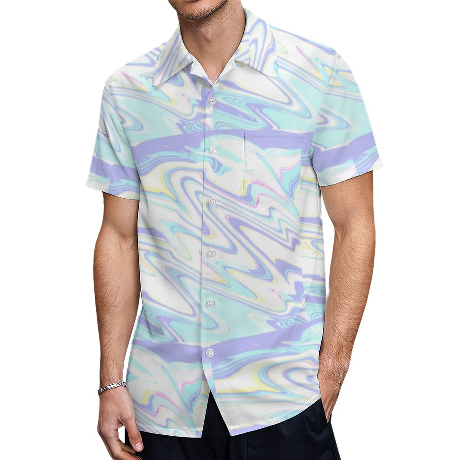 Pastel Blue Purple Yellow Holographic Impression Hawaiian Shirt Mens Button Down Tropical Hawaii Beach Shirts