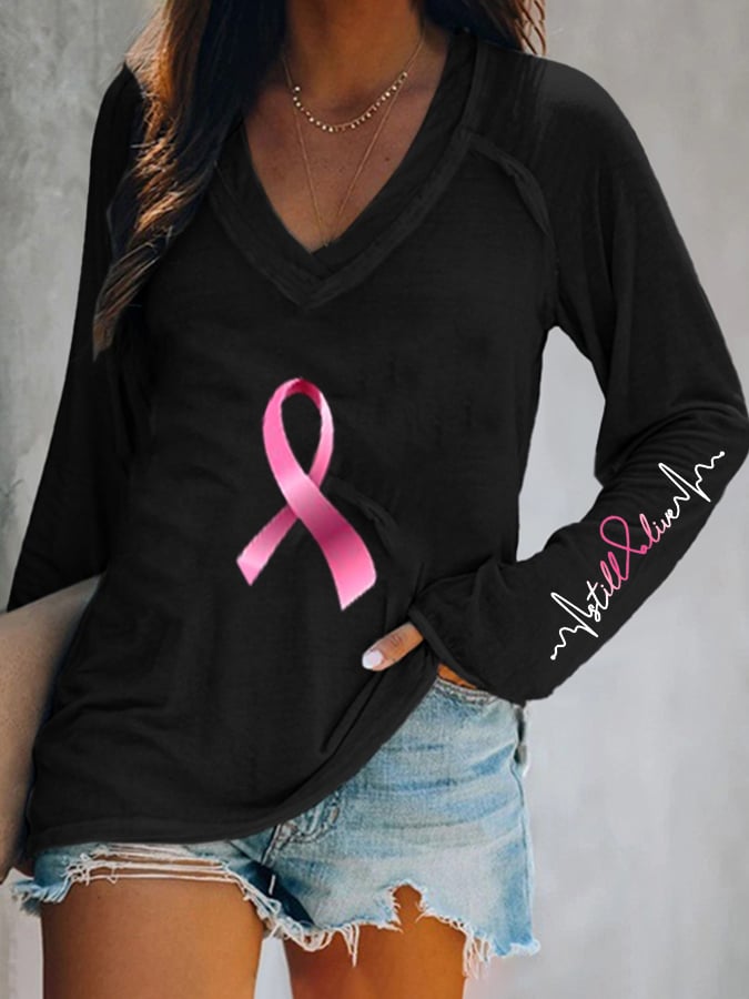 Breast Cancer V Neck Long Sleeve Casual Sweatshirt