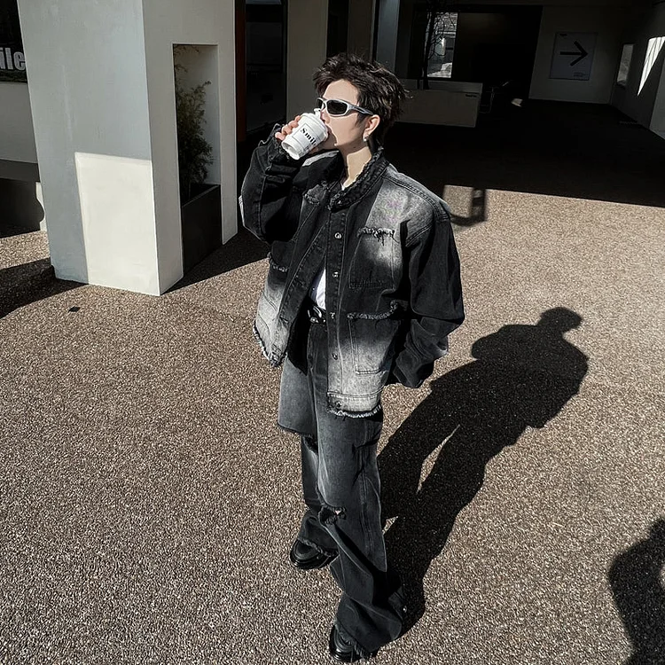 Spring Stand Up Collar Cat Whiskers Loose Fashion Trend Denim Jacket Set Suits-dark style-men's clothing-halloween