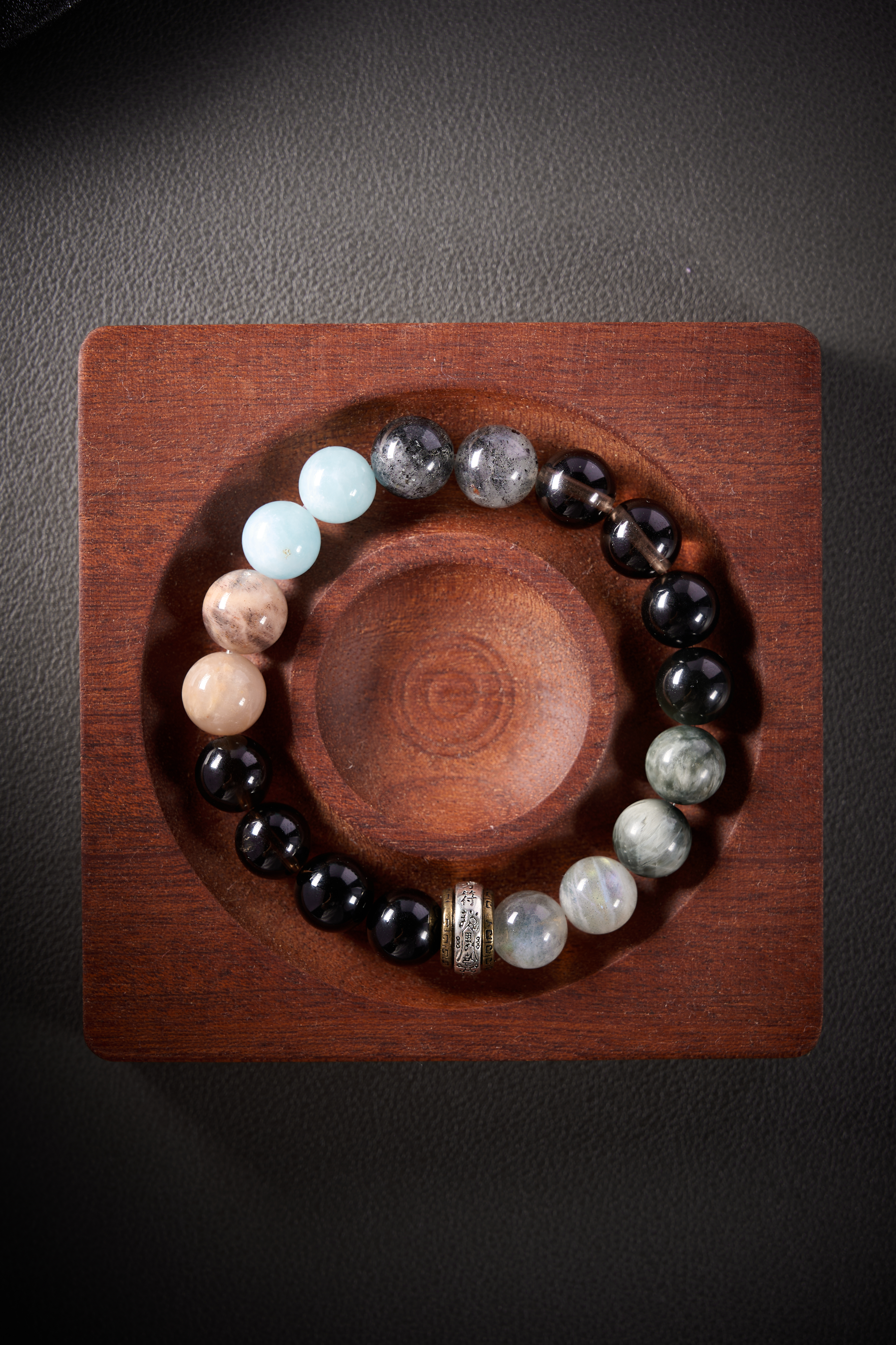 Angle view – full bracelet circle on elastic cord, evenly matched gemstones, handmade jewelry.