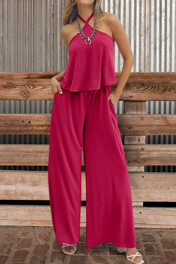 Halterneck Layered Ruffle Top Jumpsuit-0520