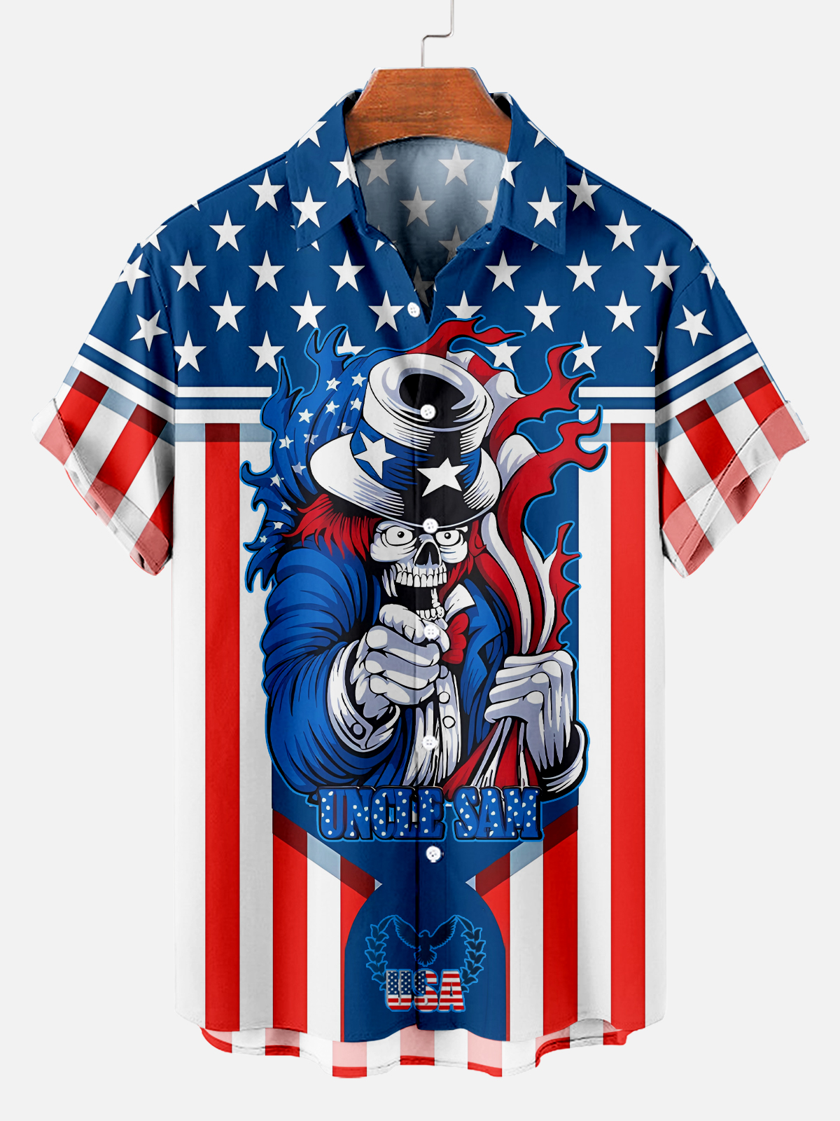 Independence Day American Flag Fun Skull Print Short Sleeve Shirt PLUSCLOTHESMAN