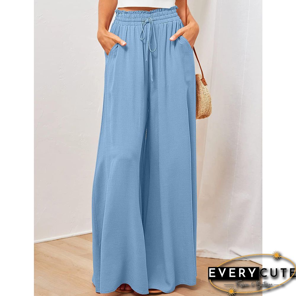 Blue High Waist Elastic Waistband Long Culottes