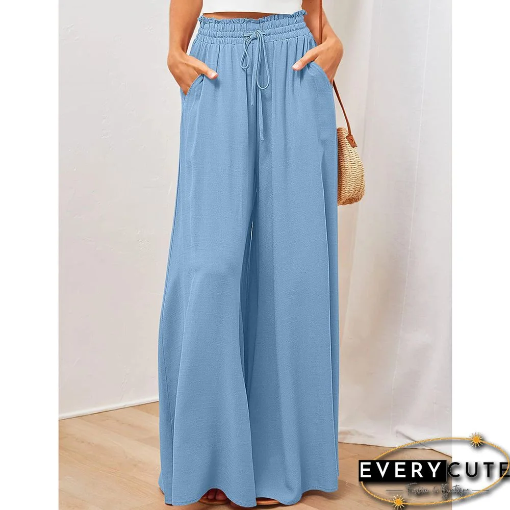 Blue High Waist Elastic Waistband Long Culottes