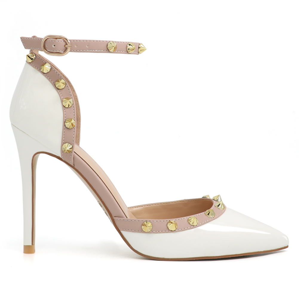 100mm Womens Pointed Toe Pumps Golden Point Rivets Ankle Strap Sandals-vocosishoes