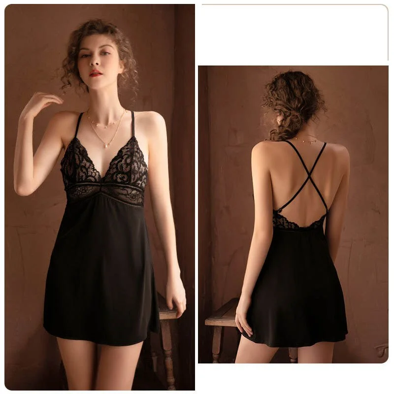 CINOON Sexy Night Dress Perspective Lace Nightgow Women's New Lingerie backless Lace V-neck nightwear silk Nightdress Homewear