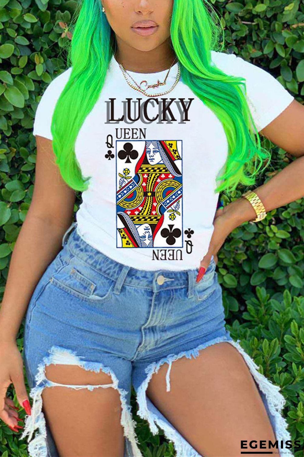 White Fashion Casual Print Short Sleeve T-shirt | EGEMISS