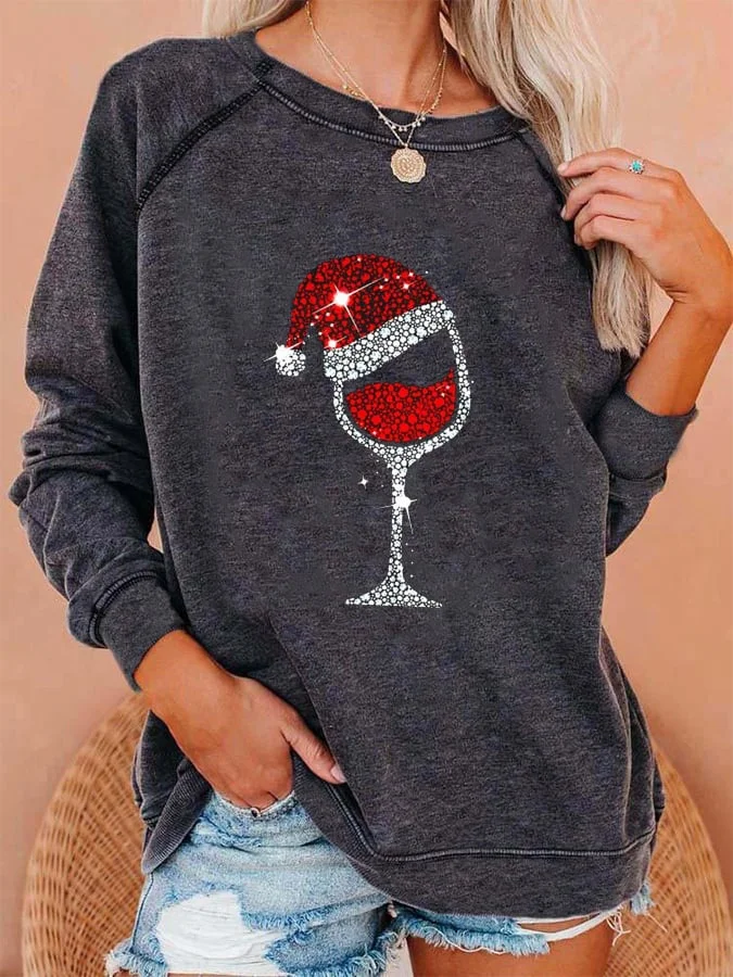 Women's Christmas Wine Glass Print Casual Sweatshirt