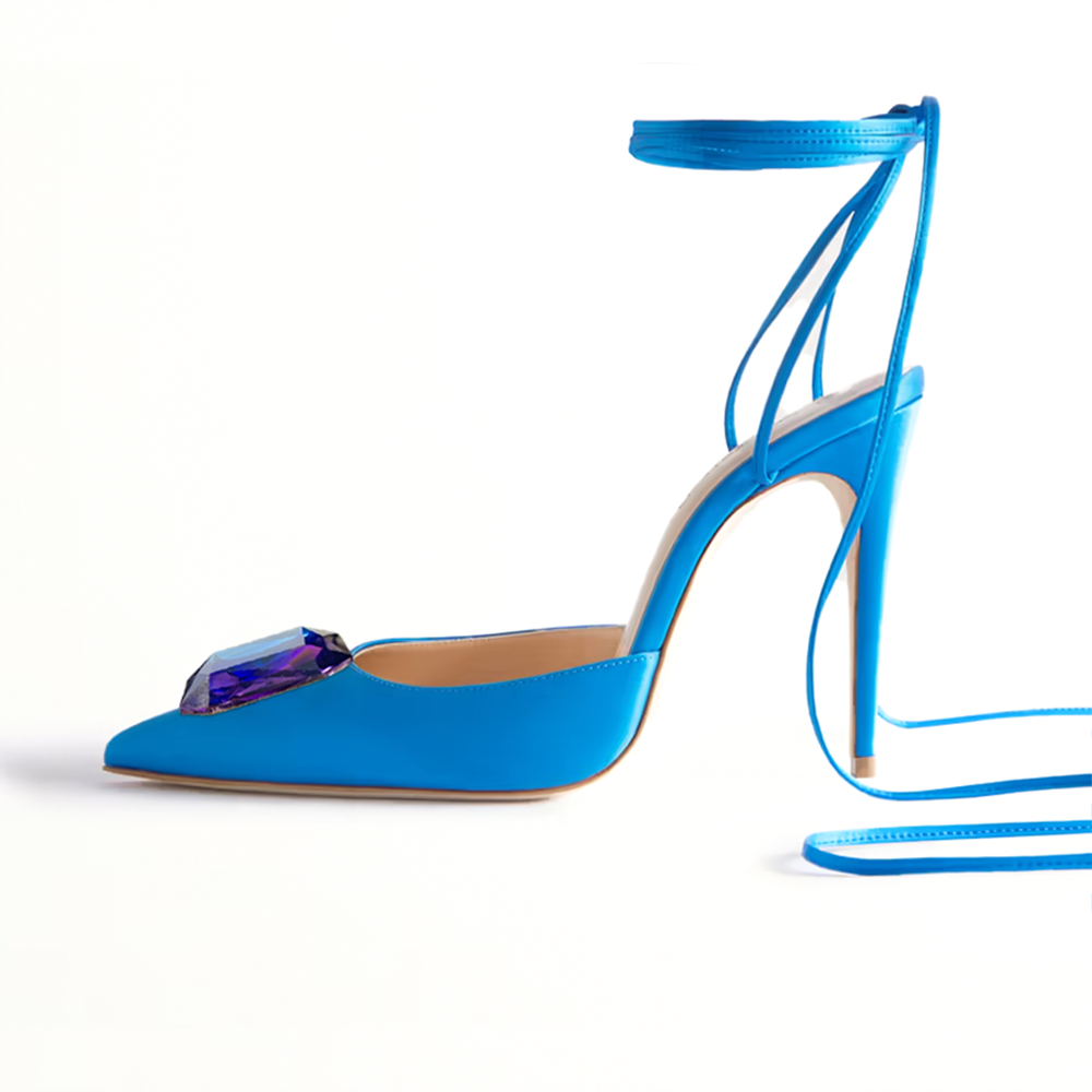 Blue Satin Pointed Toe 4'' Stiletto Heel Rhinestone Strappy Pumps Nicepairs