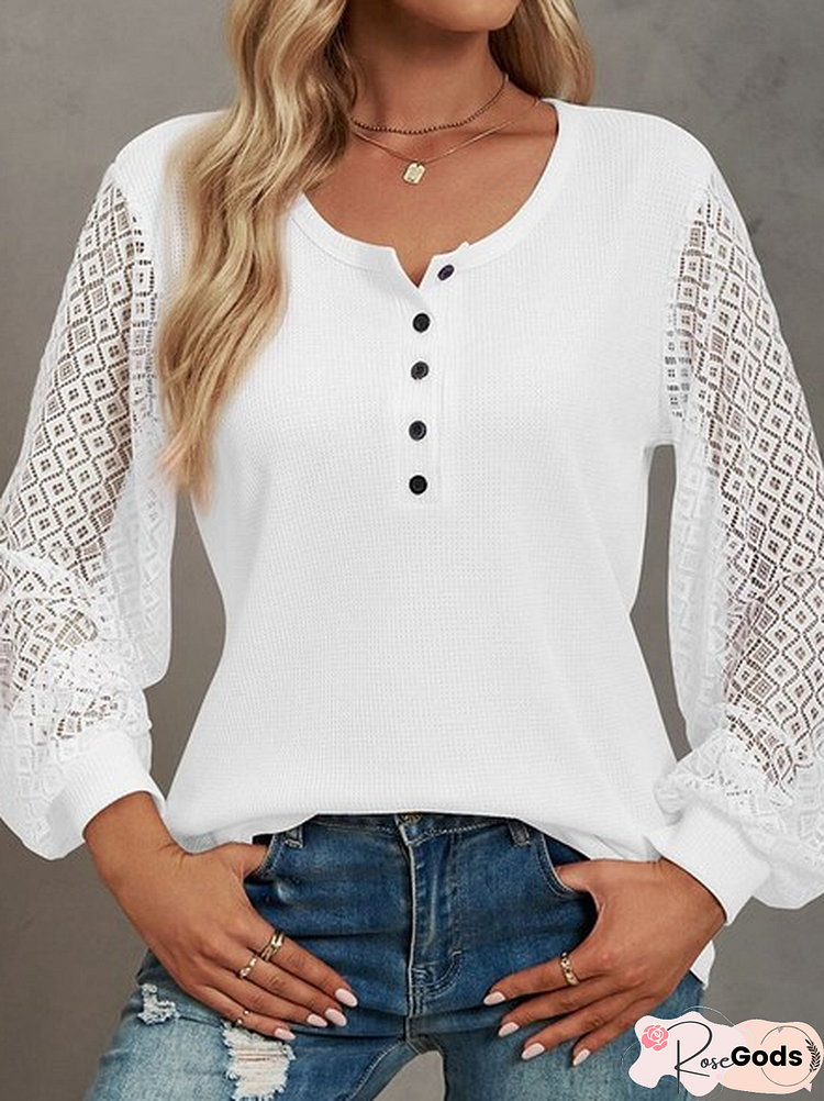 Loose Crew Neck Lace Tops