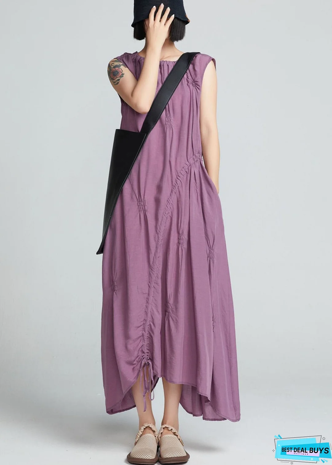 Stylish Purple Drawstring Wrinkled Cotton Long Dress Sleeveless