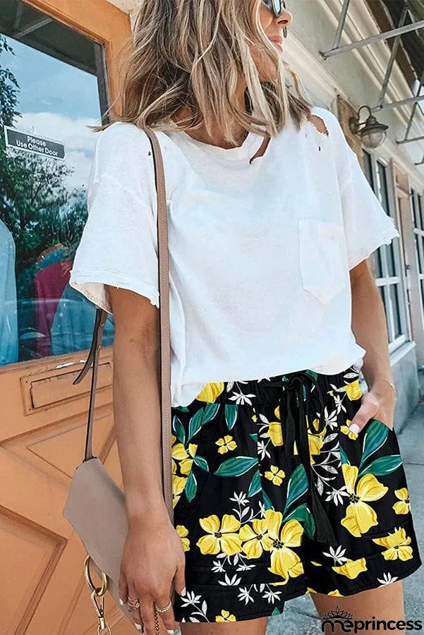 Into Bliss Printed Drawstring Elastic Waist Pocket Shorts