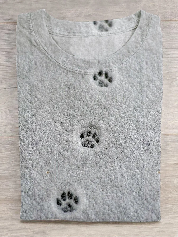 Teecade Teecade Cat Paw Prints In The Snow Casual Print T-shirt