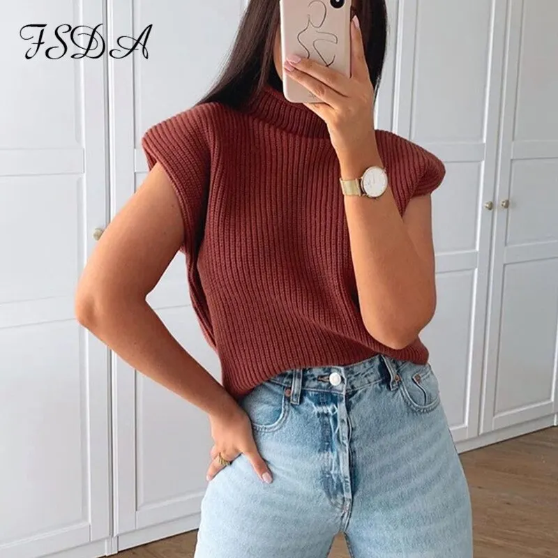 FSDA Turtleneck Sleeveless Vest Sweater Women 2020 With Shoulder Pads Knitted Pullover Autumn Winter Jumper Casual Tops Fashion